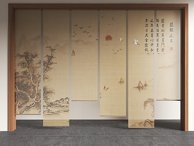 新中式窗帘 山水画纱帘 水墨画纱帘 茶室卷帘 新中式卷帘 新中式茶室
