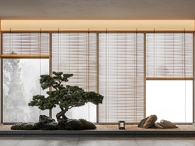 新中式中式窗帘 宋式美学竹帘 日式竹帘 卷帘 松树盆景 室内花坛造景