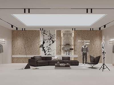 现代极简直播间 服装店直播间 服饰展厅 直播支架 补光灯 毛石墙