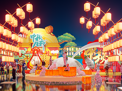 现代新中式中秋美陈 网红打卡国潮古风 中秋节集市 酒吧夜市文创集市 月饼月兔月亮 人间烟火气氛围