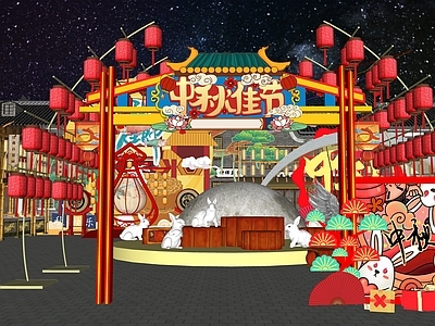 现代新中式商业景观 过年节日庙会摆摊 中秋节 网红打卡国潮古风 人间烟火气氛围 小吃车摊位摆摊