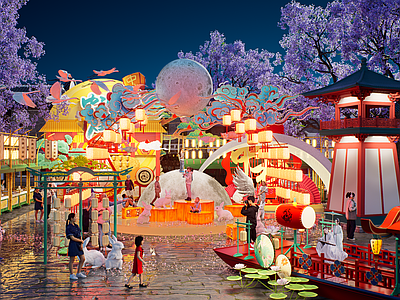 现代新中式中秋美陈 酒吧夜市文创集市 网红打卡国潮古风 中秋节 人间烟火气氛围 小吃车摊位摆摊