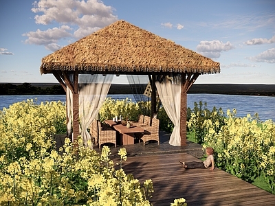 现代侘寂木屋 茅草屋 木屋 风车 油菜花 网红