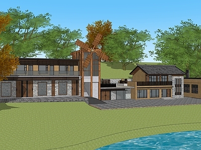 新中式中式风格建筑 民宿 住宅 乡间别墅 风车建筑