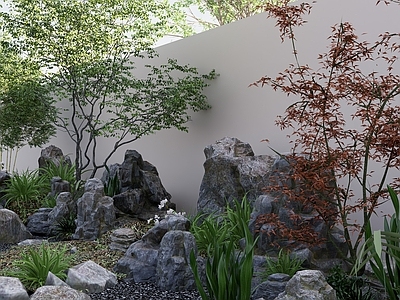现代复古乡村庭院 庭院景观绿化 山石景观小品