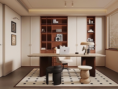 中古书房 中古风书房 书柜 书桌椅 小吊灯