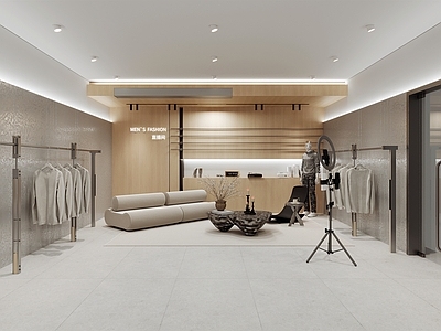 现代极简直播间 服饰衣架服装货架 直播间背景墙 补光灯自拍杆 沙发茶几组合 服装店展厅直播间