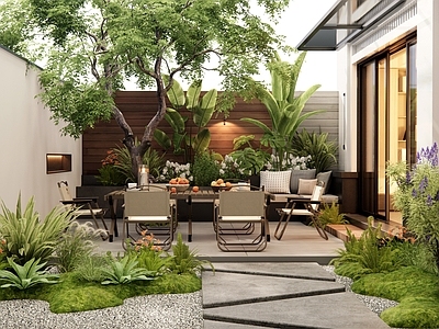 现代庭院 别墅庭院 花草 户外桌椅 植物景观 景观树