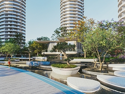 现代小区景观 廊架 水景廊架 水景 跌水 汀步