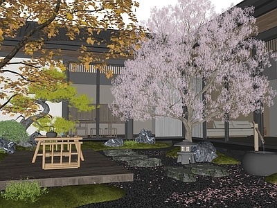 日式禅意乡村庭院 枯山水 樱花 汀步 植物景观 水钵