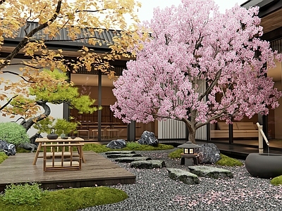 日式庭院 别墅庭院 枯山水 樱花 汀步 植物景观