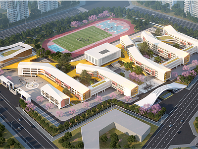现代学校建筑 学校操场 教学楼学校