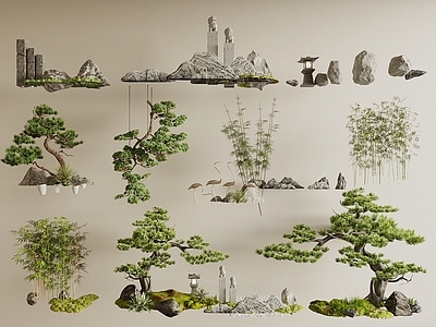 新中式室内景观 新中式景观造景 景观小品 景观树 竹子 松树