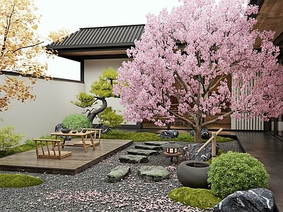 日式新中式庭院 樱花树 灌木 水钵 户外桌椅 汀步