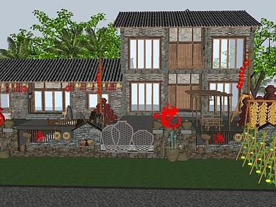 现代乡村公园 乡村古村落小品景 稻田 梯田