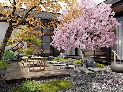 日式新中式庭院 乡村庭院 民宿庭院 别墅庭院 樱花 景观石头