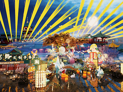 现代新中式商业景观 非遗文化中秋节 酒吧夜市文创集市 古镇商业街 文创祥云敦煌飞天 鸟瞰唐宋仿古建筑
