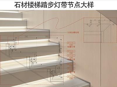 现代楼梯节点 石材楼梯踏步节点 楼梯踏步暗藏灯带 大理石楼梯收口 楼梯踏步施工工艺 施工图