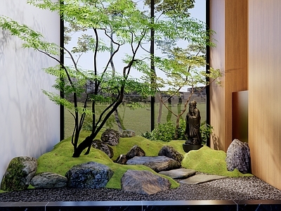 新中式日式庭院小品 室内天井庭院景观 青苔景石庭院景观 室内青苔景石造景 景石禅意庭院景观 室内庭院青苔景石