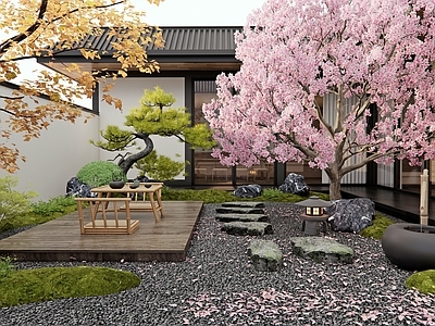 日式新中式庭院 樱花树 汀步石 户外桌椅 水钵 枯山水