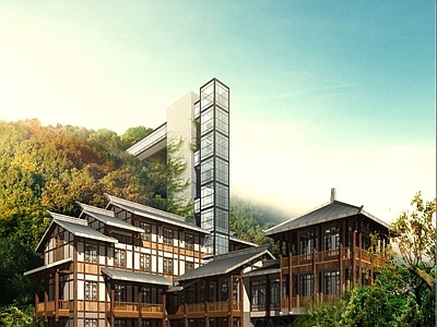 中式酒店外观 中式酒店 山体酒店
