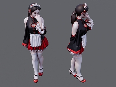女人 黑色衣服红色裙子 女仆