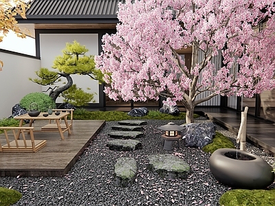 新中式庭院 乡村庭院 民宿庭院 别墅庭院 樱花 汀步石头