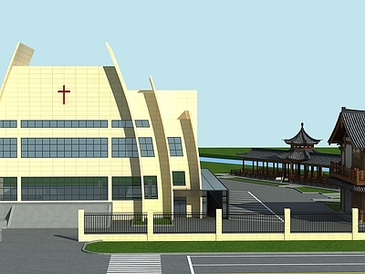 现代单人沙发 建筑植物场景