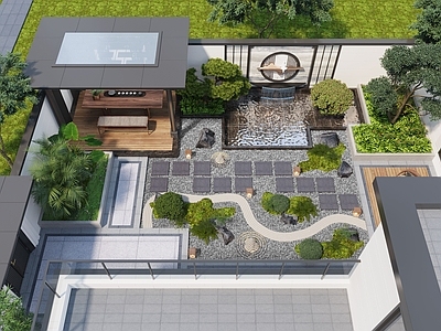 新中式庭院 新中式庭院景观 凉亭 庭院水景 别墅庭院 庭院小品
