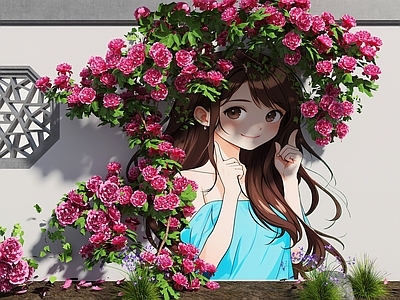 现代新中式花艺 国风围墙画 网红打卡墙 治愈少女围墙 美陈花朵围墙 藤爬花朵