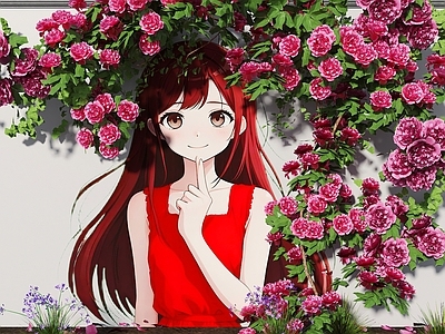 现代新中式花艺 国风围墙画 网红打卡墙 治愈少女围墙 美陈花朵围墙 藤爬花朵