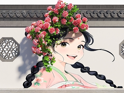 现代新中式花艺 国风围墙画 网红打卡墙 治愈少女围墙 美陈花朵围墙 藤爬花朵