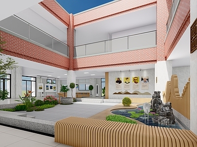 新中式简约其他学校空间 学校教师空间 教师休闲吧 文化庭院 学校办公空间 教师书吧