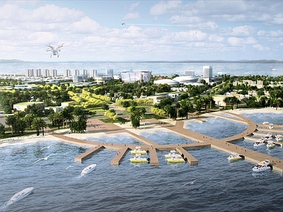 现代鸟瞰规划 码头游船 商业建筑 沿海建筑 半鸟瞰