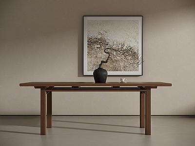 新中式侘寂餐桌 木餐桌 长餐桌 实木餐桌 长方形餐桌 挂画