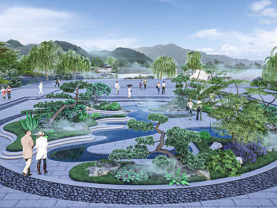 新中式现代滨水景观 集散广场 曲水流觞 新中式景观 文化广场
