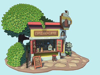 现代艺术风格建筑 咖啡坚果店 咖啡馆 卡通建筑 卡通商店 风格化松鼠