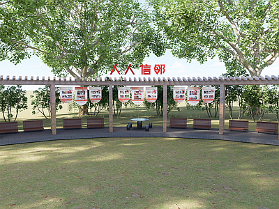 新中式小区景观 连廊 社区 亭子 休闲 公园