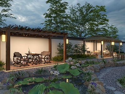 新中式中式庭院 乡村庭院 民宿庭院 别墅庭院 亭子 水池