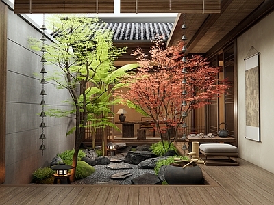 日式禅意庭院 天井庭院 中庭景观造景 枯山水 红枫 茶桌椅
