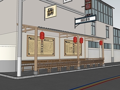 新中式古建筑 凉亭 美人靠 街道