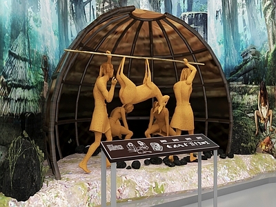 现代中式博物馆展厅 原始部落捕猎场景