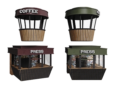 现代简约商业街 现代户外报刊亭 咖啡亭