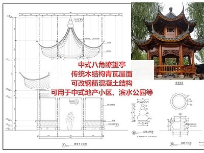 滨水公园 中式八角亭 木结构瓦屋面 施工图