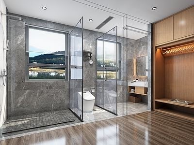 现代新中式酒店卫生间 酒店卫生间 淋浴房