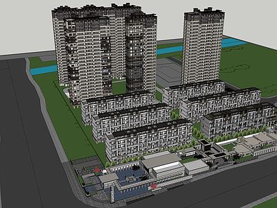 现代新中式小区建筑 住宅 售楼处 商业街