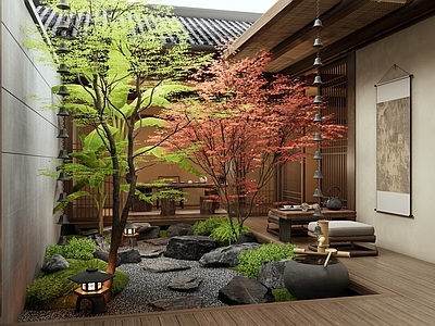 新中式乡村庭院 汀步 微地形 枯山水 红枫 茶桌椅