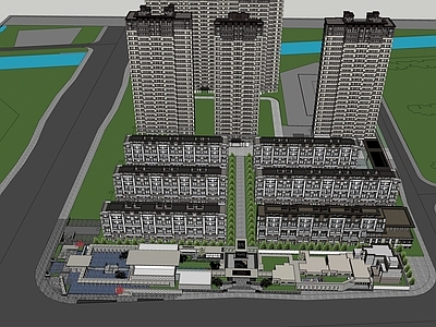 现代新中式小区建筑 小区高层 商业街 商业 多层 叠墅