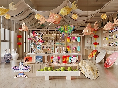 新中式非遗展厅 民俗展厅 文创展厅 中式饰品店 脸谱 油纸伞