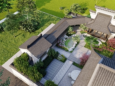 中式别墅庭院 中式庭院 景观设计 亭廊水榭 自建房庭院设计